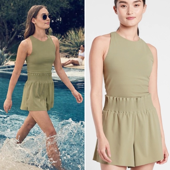 Athleta Cosmic Flutter Romper Sage Green Size Medium Sleeveless Elastic Travel - Picture 1 of 14